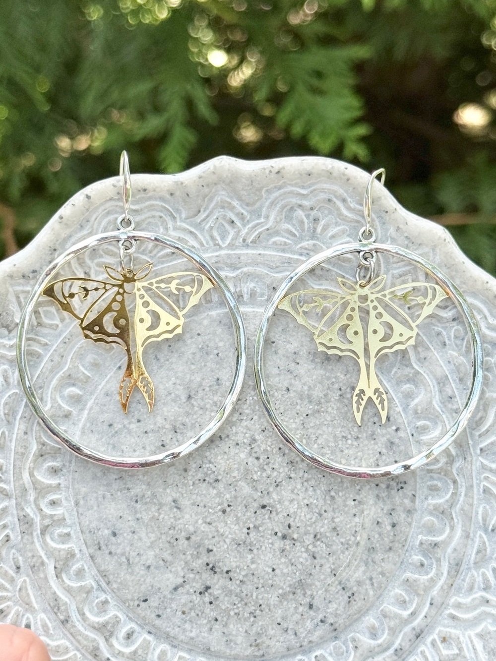 Luna Moth Silver Hoop Earrings, Handmade by Wandering Bunny LLC